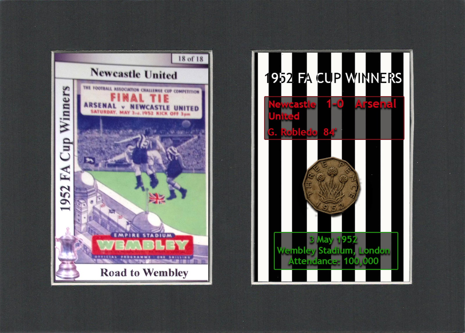 Newcastle United 1952 FA Cup Winners Mount & Penny Coin Metal Art. (1 of 1)