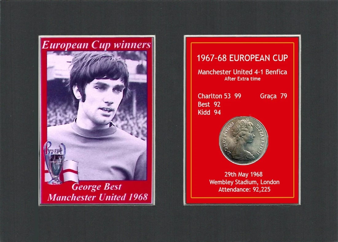 George Best Manchester United 1968 European Cup Mounted Coin Metal Art: Title: George Best Manchester United 1968 European Cup Mounted Coin Metal Art Description: Consists of a Genuine 1968 Ten Pence Piece. The Year Man United Became the First English Club to Win t