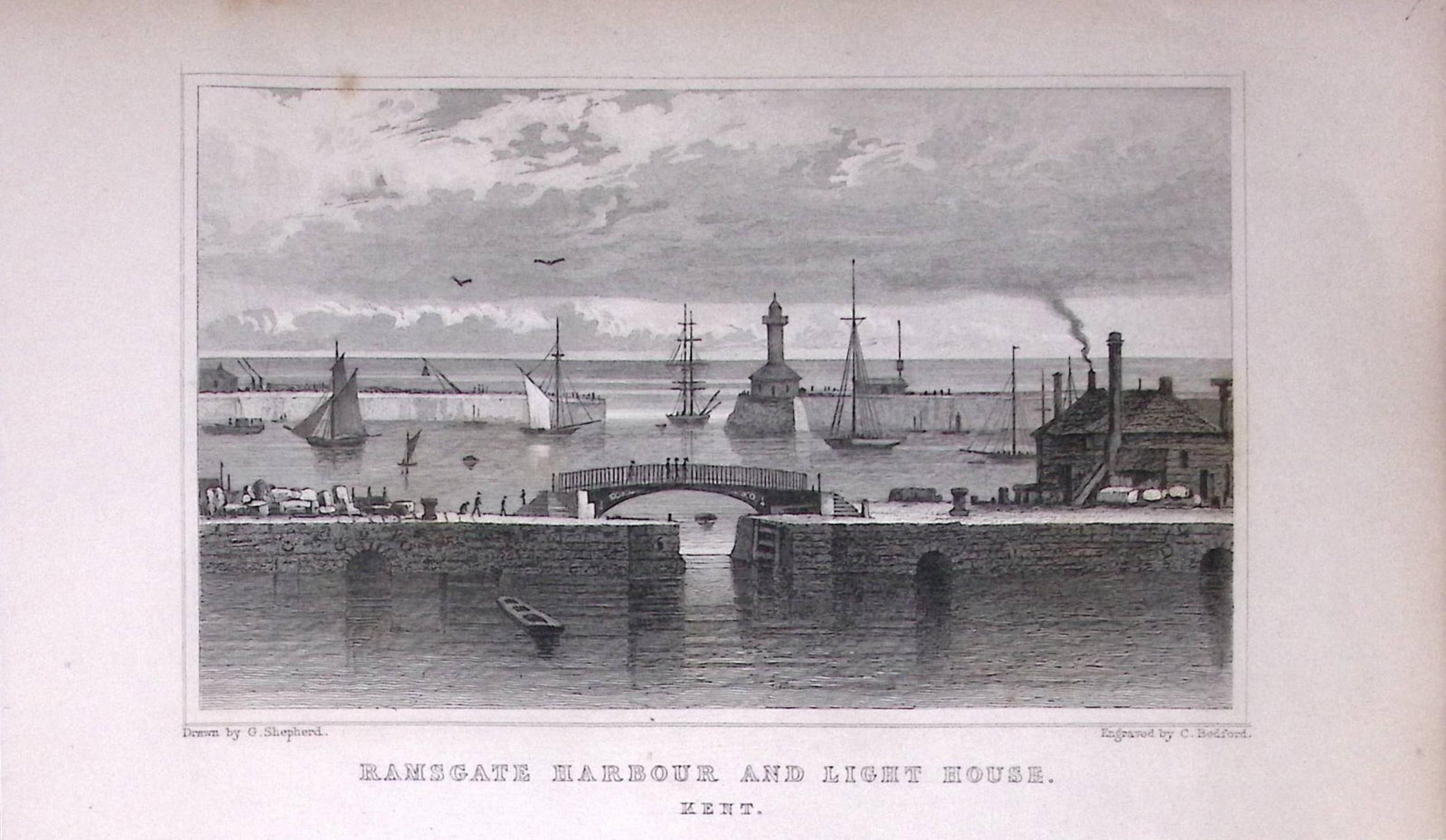 Ramsgate Harbour & Lighthouse Kent 1829 Antique 197 Years-Old Steel Engraving-54 (1 of 2)