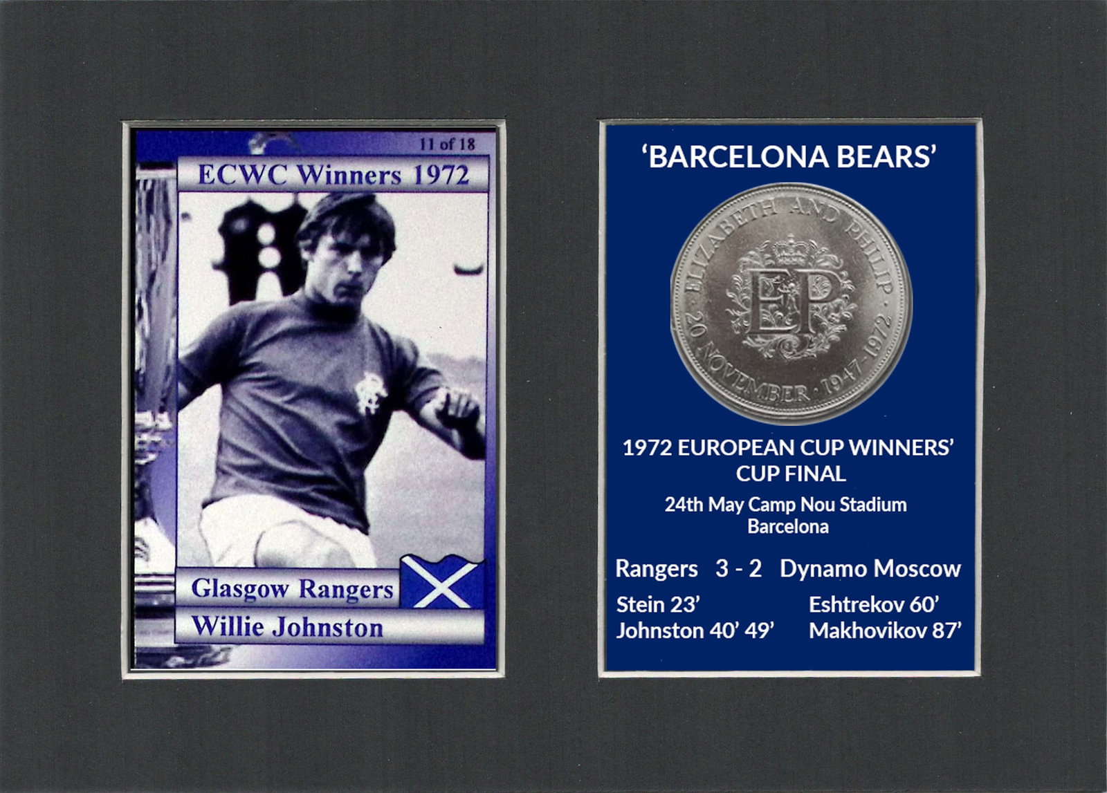 Willie Johnson Rangers FC Wins 1972 ECWC Mounted Card & Coin Metal Art Display: Title: Willie Johnson Rangers FC Wins 1972 ECWC Mounted Card & Coin Metal Art Display Description: Rangers FC Wins 1972 ECWC Mounted Card & Coin Gift Set. Consists of a Genuine 1972