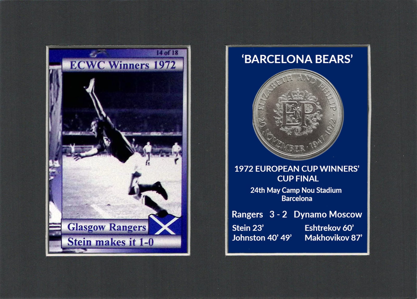 Stein Makes It 1-0 Rangers FC Wins 1972 ECWC Mounted Card & Coin Metal Art Display: Title: Stein Makes It 1-0 Rangers FC Wins 1972 ECWC Mounted Card & Coin Metal Art Display Description: Rangers FC Wins 1972 ECWC Mounted Card & Coin Gift Set. Consists of a Genuine 1972