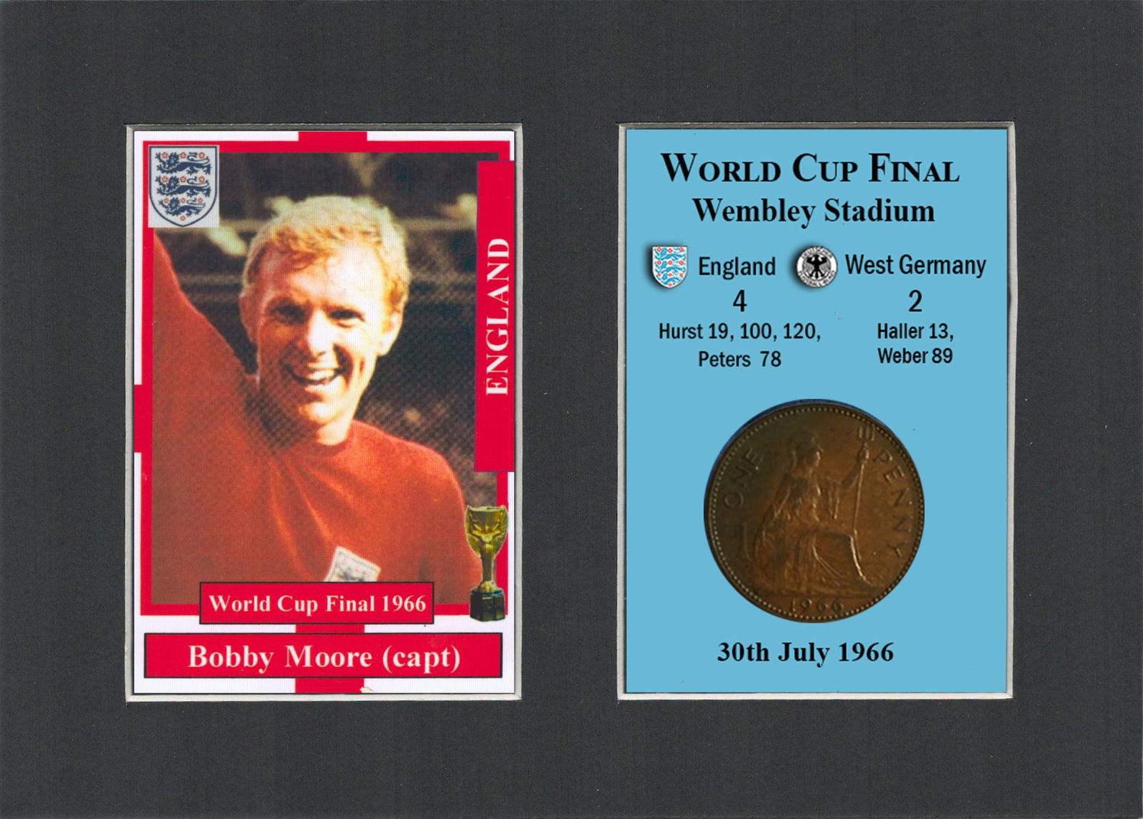 Bobby Moore With The Jules Rimet World Cup Coin & Card Mounted Display.: Title: Bobby Moore With The Jules Rimet World Cup Coin & Card Mounted Display. Description: World Cup 1966 Champions England 4 v Germany 2. This Special Display is Housed in a lasered Cut Acid