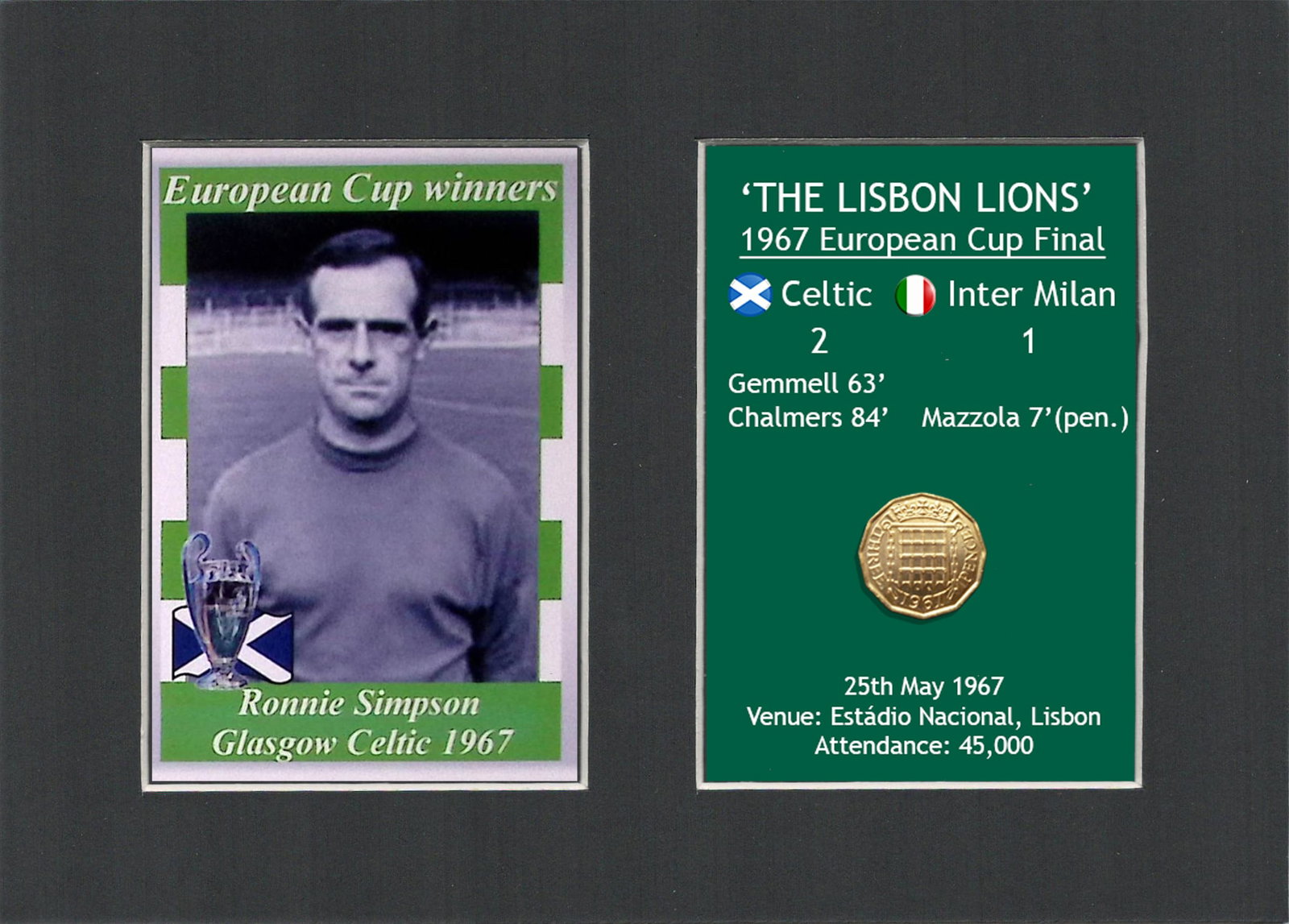 Ronnie Simpson Celtic FC European Cup Mount & Original Half-Crown Coin Metal Art: Title: Ronnie Simpson Celtic FC European Cup Mount & Original Half-Crown Coin Metal Art Description: Consists of a Genuine 1967 Threepenny Piece. The Year Celtic Became the First Briti