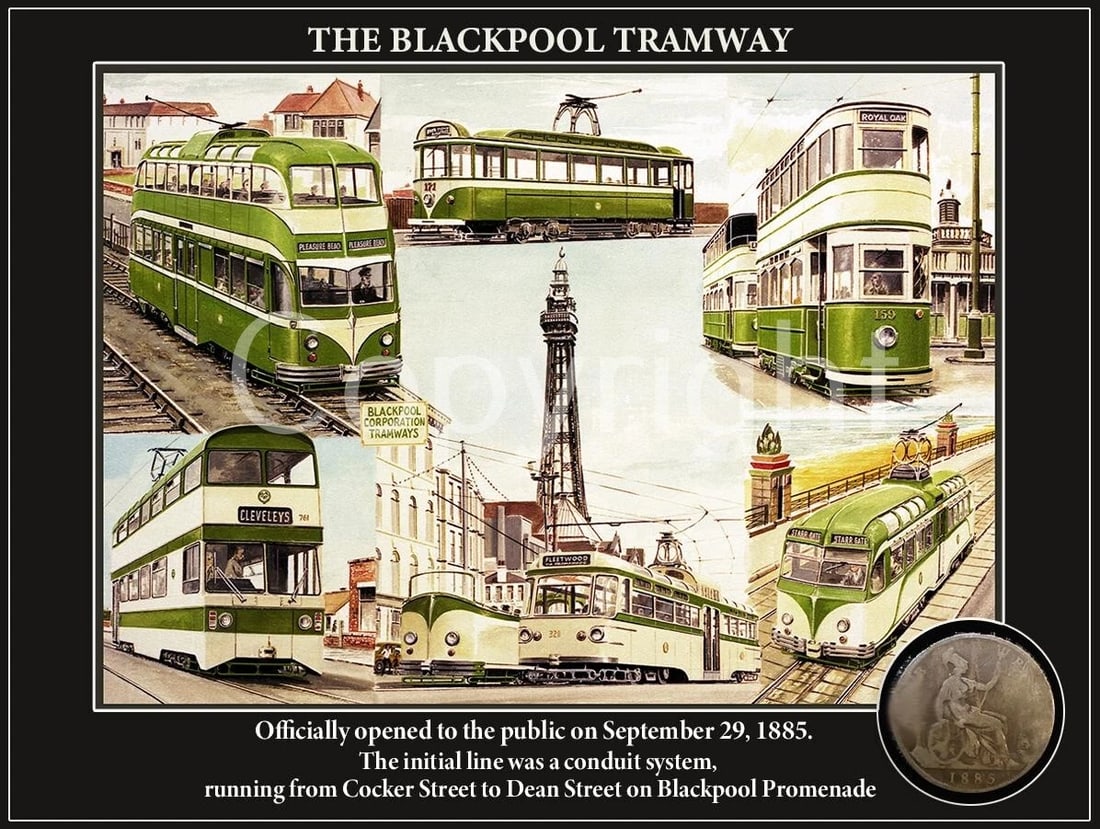 Blackpool Tramway First Opened Original 1885 Penny Coin Metal Display: Title: Blackpool Tramway First Opened Original 1885 Penny Coin Metal Display Description: Original Penny Coin From 1885 The Date of Blackpool Tramway Opened Mounted On To A 8""X6"" Metal Information