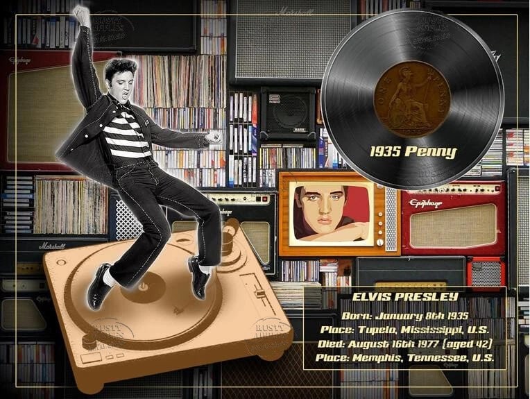 Elvis Presley ""The King"" Original 1935 Birth Penny Designed Metal Coin Gift Set: Title: Elvis Presley ""The King"" Original 1935 Birth Penny Designed Metal Coin Gift Set Description: Original Penny Coin From 1935 The Year Elvis was Born Mounted On To A 8""X6"" Metal Informa