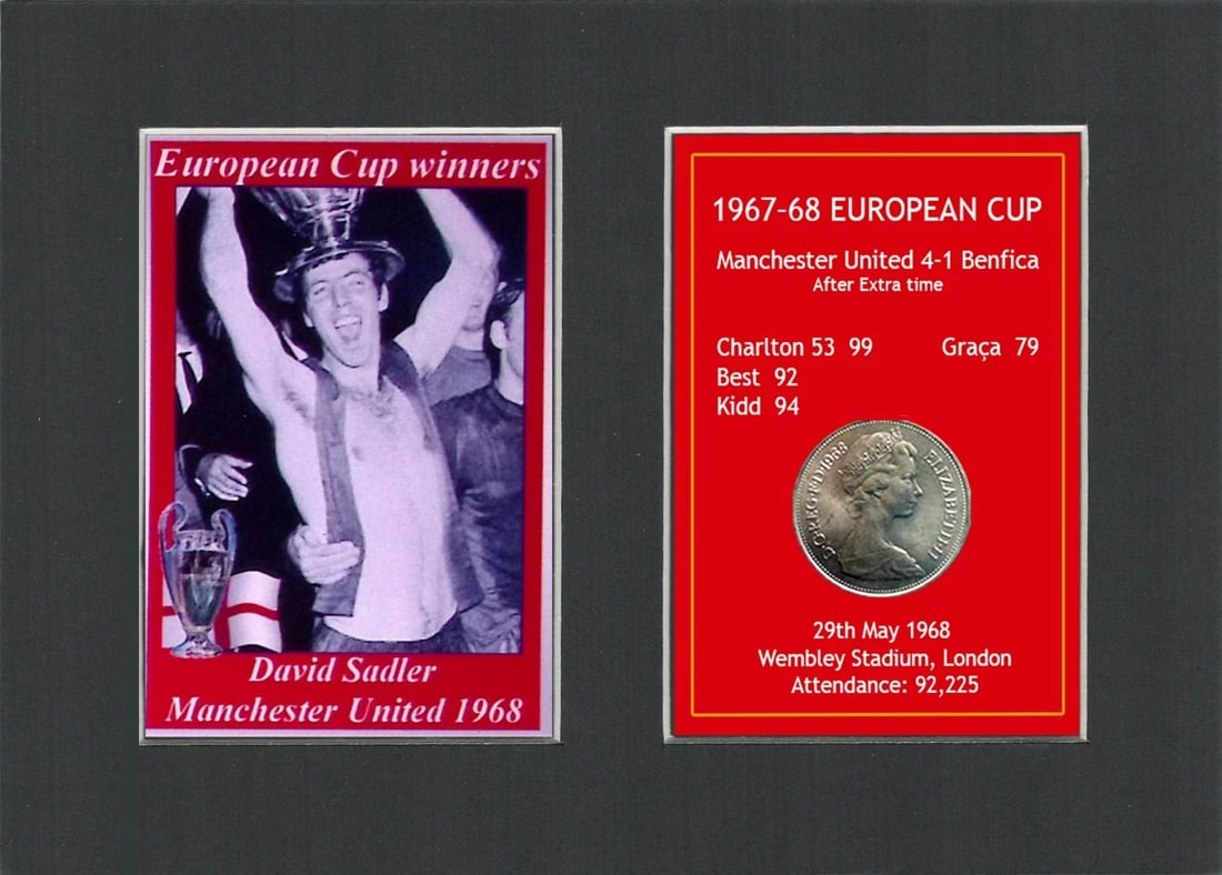 David Sadler Manchester United 1968 European Cup Mounted Coin Metal Art: Title: David Sadler Manchester United 1968 European Cup Mounted Coin Metal Art Description: Consists of a Genuine 1968 Ten Pence Piece. The Year Man United Became the First English Club to Win