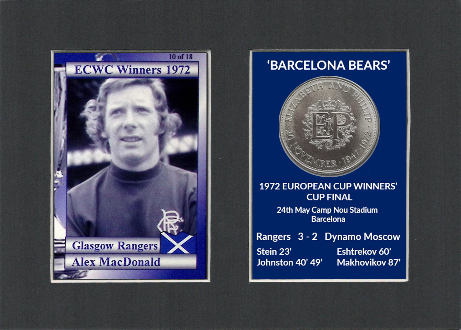 Alex MacDonald Rangers FC Wins 1972 ECWC Mounted Card & Coin Metal Art Display: Title: Alex MacDonald Rangers FC Wins 1972 ECWC Mounted Card & Coin Metal Art Display Description: Rangers FC Wins 1972 ECWC Mounted Card & Coin Gift Set. Consists of a Genuine 1972 Unc