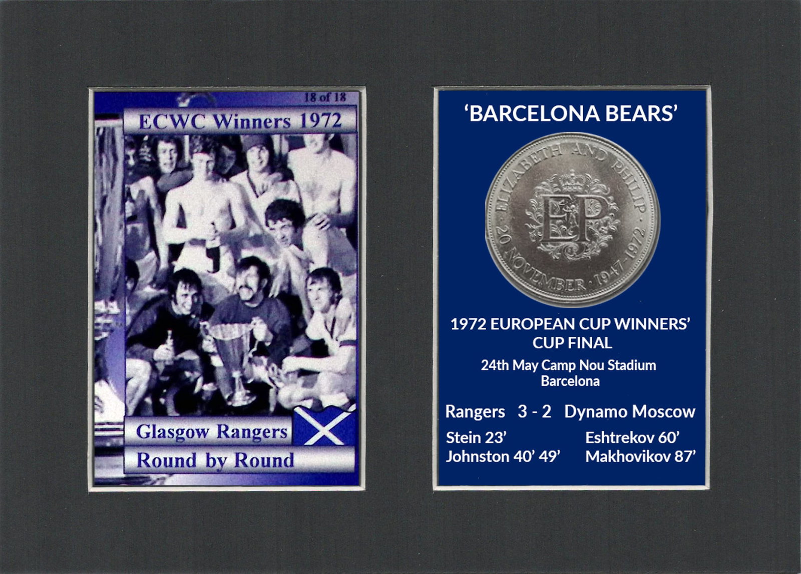 Champions Rangers FC Wins 1972 ECWC Mounted Card & Coin Metal Art Display: Title: Champions Rangers FC Wins 1972 ECWC Mounted Card & Coin Metal Art Display Description: Rangers FC Wins 1972 ECWC Mounted Card & Coin Gift Set. Consists of a Genuine 1972 Uncircul
