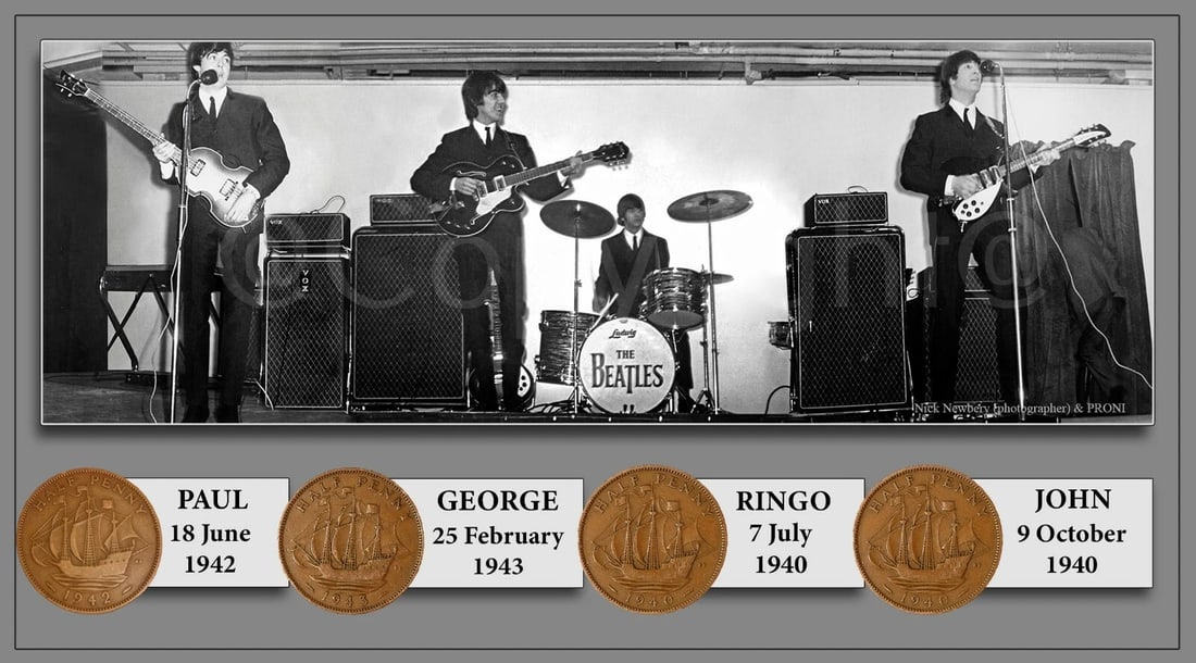 The Beatles Unique Original Birth Years ""The Fab Four"" Coin Metal Art Display: Title: The Beatles Unique Original Birth Years ""The Fab Four"" Coin Metal Art Display Description: This Beatles Metal Plaque Coin Montage. Consists Of 4 Genuine Half Penny Coins. One For Each Of The