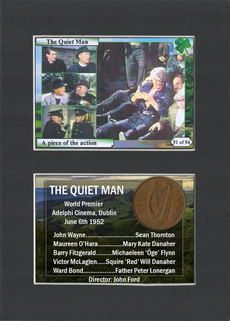 The Quiet Man Film John Wayne Mounted Original Irish Coin Metal Art Display: Title: The Quiet Man Film John Wayne Mounted Original Irish Coin Metal Art Display Description: The Quiet Man John Wayne Mount & Irish Coin Gift Set. Consists of a Genuine 1952 Circulated Irish