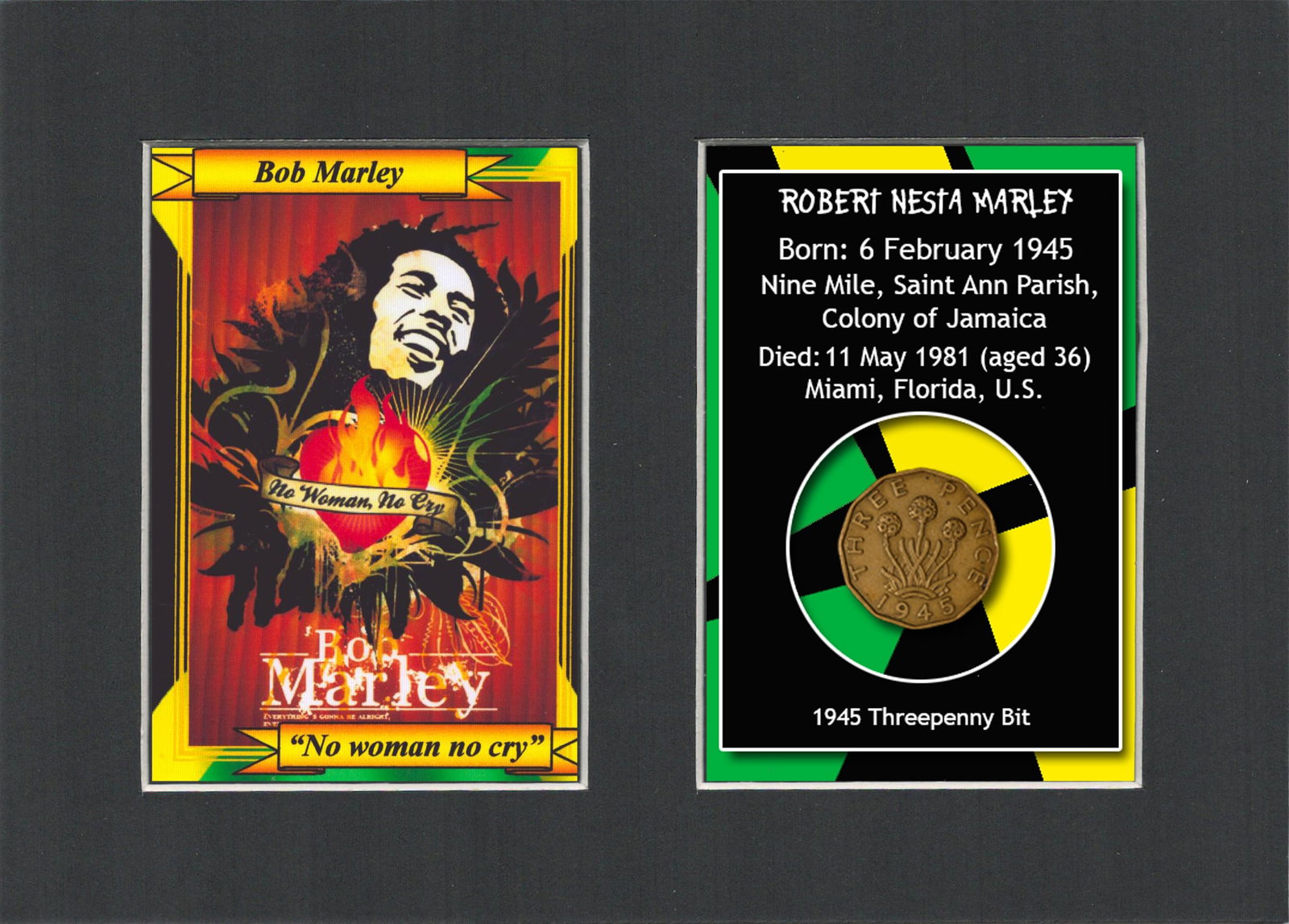 Bob Marley Mounted Original 1945 Threepenny Metal Display Gift Set.: Title: Bob Marley Mounted Original 1945 Threepenny Metal Display Gift Set. Description: Consists of a Genuine 1945 Threepenny The Year of His Birth. And Mounted with a Collectors Card This