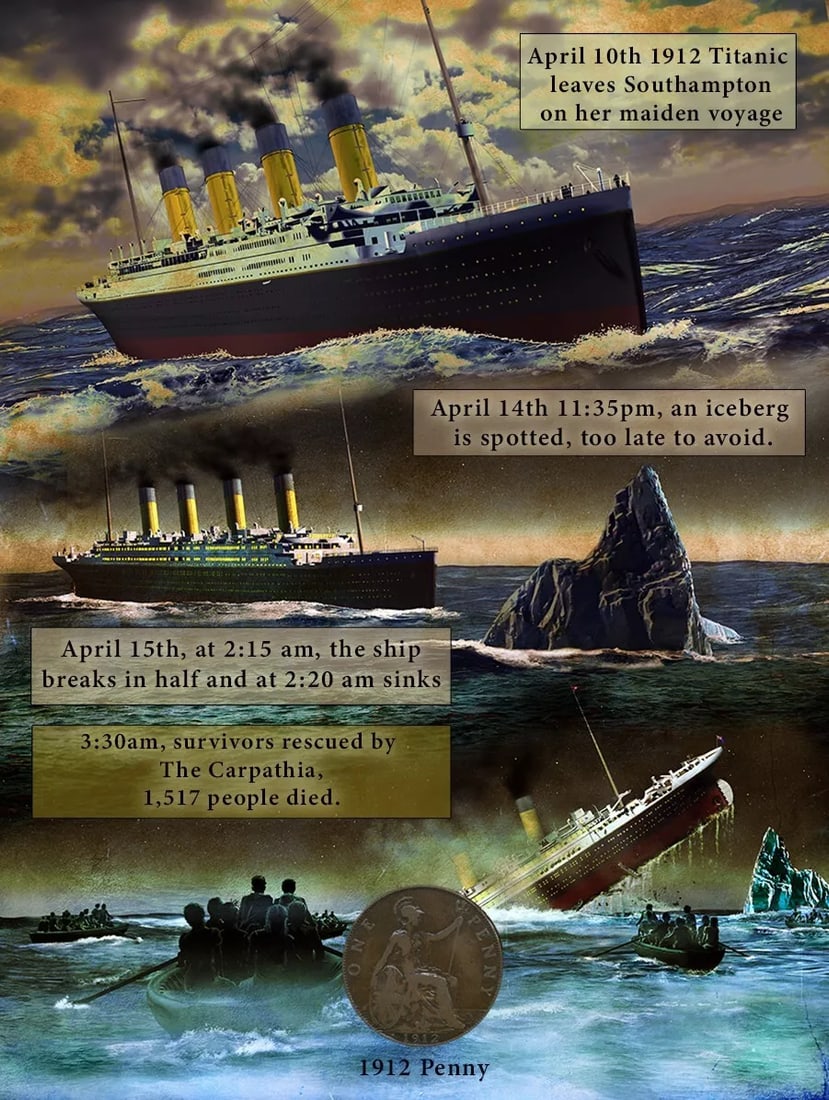 The Titanic Disaster 15th April 1912 Original Antique Penny Metal Art Display: Title: The Titanic Disaster 15th April 1912 Original Antique Penny Metal Art Display Description: Original Penny Coin From 1912 The Year Of The Titanic Disaster Mounted On To A 8""X6"" Metal