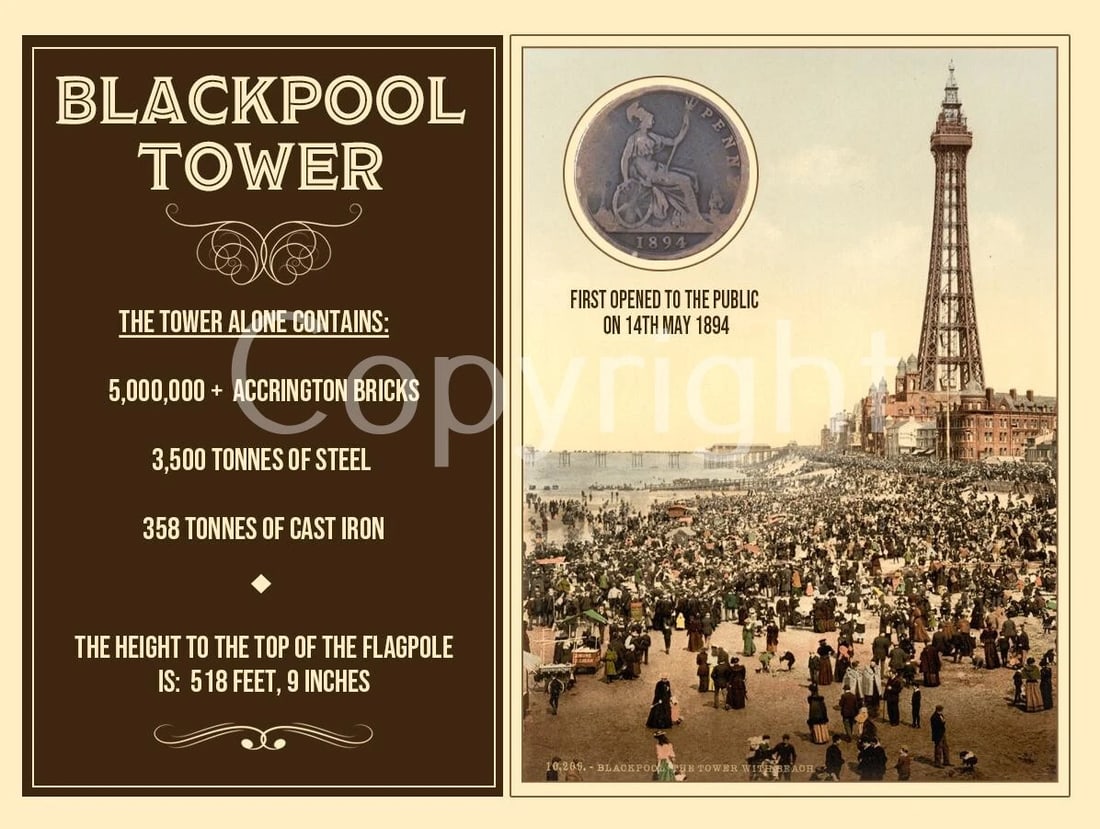Blackpool Tower Original 130 Years-Old Penny Coin Metal Display: Title: Blackpool Tower Original 130 Years-Old Penny Coin Metal Display Description: Original Penny Coin From 1894 The Date of Blackpool Tower Opened Mounted On To A 8""X6"" Metal Information Designed