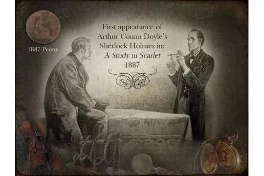 Sherlock Holmes Appears For The First Time"" 1887 Penny Coin Metal Art Display: Title: Sherlock Holmes Appears For The First Time"" 1887 Penny Coin Metal Art Display Description: Original Penny Coin From 1887 The Year Sherlock Appeared In Print Mounted On To A 8""X6"" Metal