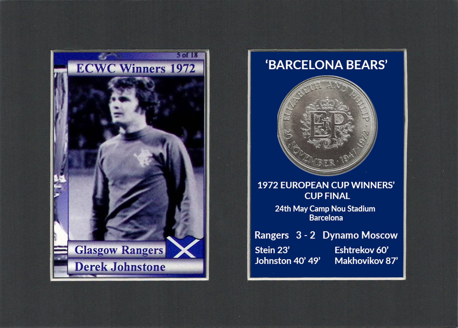 Derek Johnson Rangers FC Wins 1972 ECWC Mounted Card & Coin Metal Art Display: Title: Derek Johnson Rangers FC Wins 1972 ECWC Mounted Card & Coin Metal Art Display Description: Rangers FC Wins 1972 ECWC Mounted Card & Coin Gift Set. Consists of a Genuine 1972 Unci