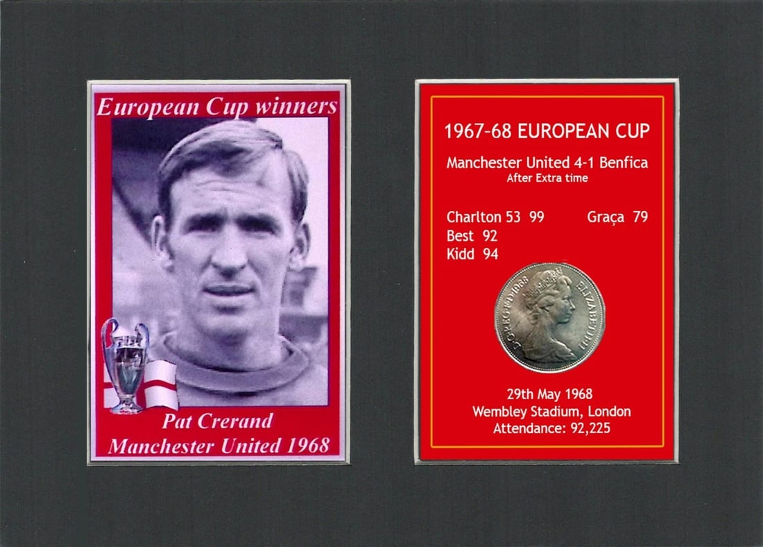 Paddy Crerand Manchester United 1968 European Cup Mounted Coin Metal Art: Title: Paddy Crerand Manchester United 1968 European Cup Mounted Coin Metal Art Description: Consists of a Genuine 1968 Ten Pence Piece. The Year Man United Became the First English Club to Win the