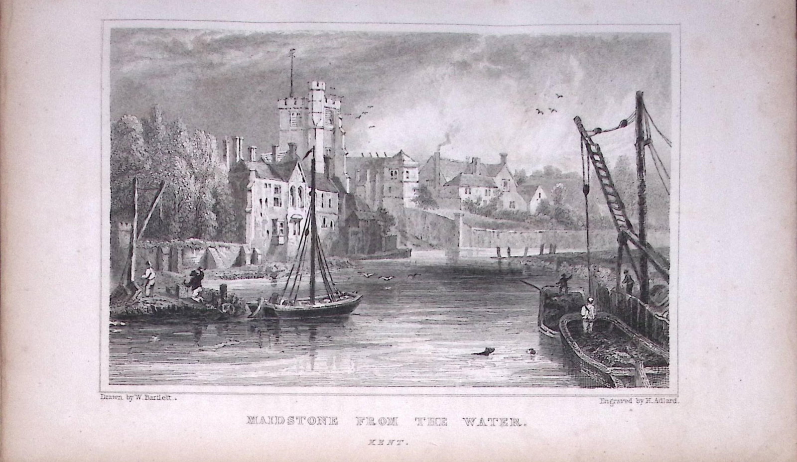 Maidstone from The Water Kent 1829 Antique 197 Years-Old Steel Engraving-25: Title: Maidstone from The Water Kent 1829 Antique 197 Years-Old Steel Engraving-25 Description: This Antique Print Was Removed from a 197-Year-Old Edition of. W. H. Ireland's Study of The
