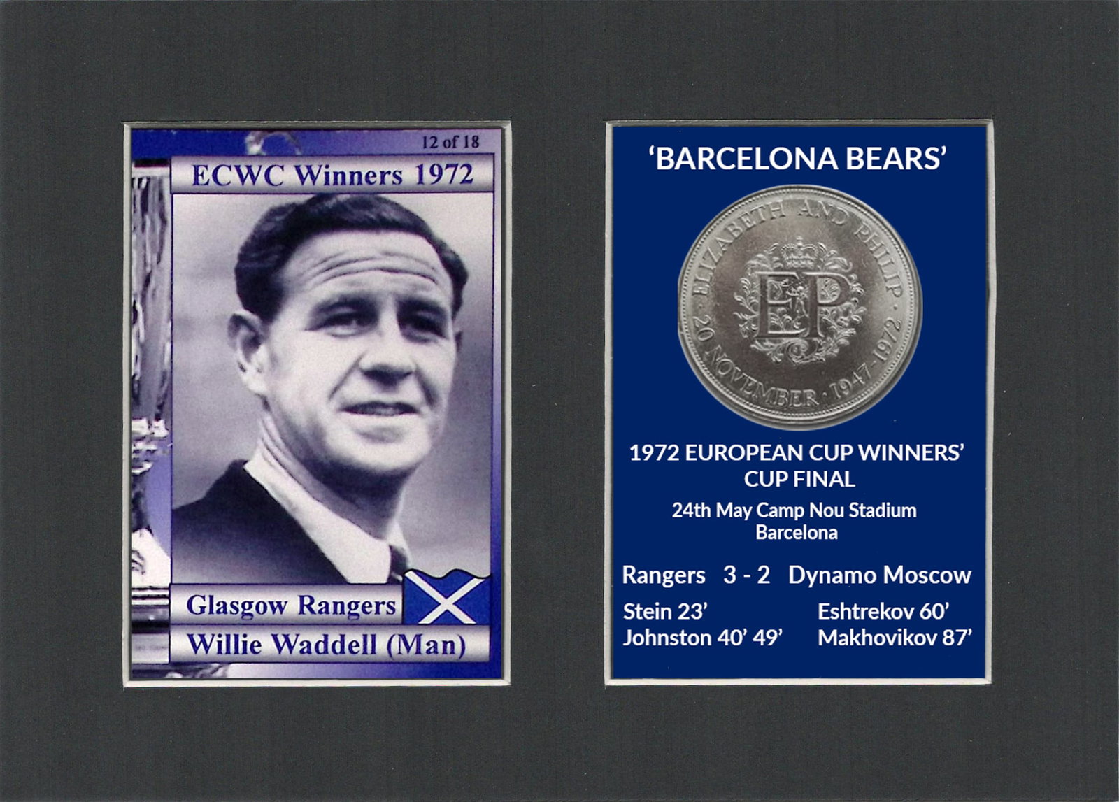 Willie Waddell Manager Rangers FC Wins 1972 ECWC Mounted Card & Coin Metal Art Display: Title: Willie Waddell Manager Rangers FC Wins 1972 ECWC Mounted Card & Coin Metal Art Display Description: Rangers FC Wins 1972 ECWC Mounted Card & Coin Gift Set. Consists of a Genuine 1972