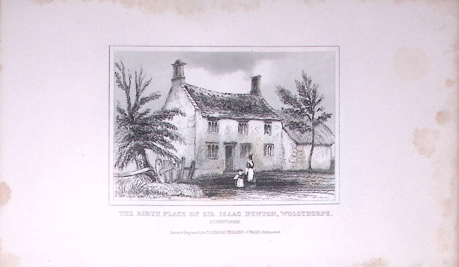 Sir Issac Newton Birth Place Antique 180 Years-Old Copper Plate Print-91: Title: Sir Issac Newton Birth Place Antique 180 Years-Old Copper Plate Print-91 Description: This Antique Copper Plate Engraving Has Been Removed from an Antique Edition of. Thomas Dugdale