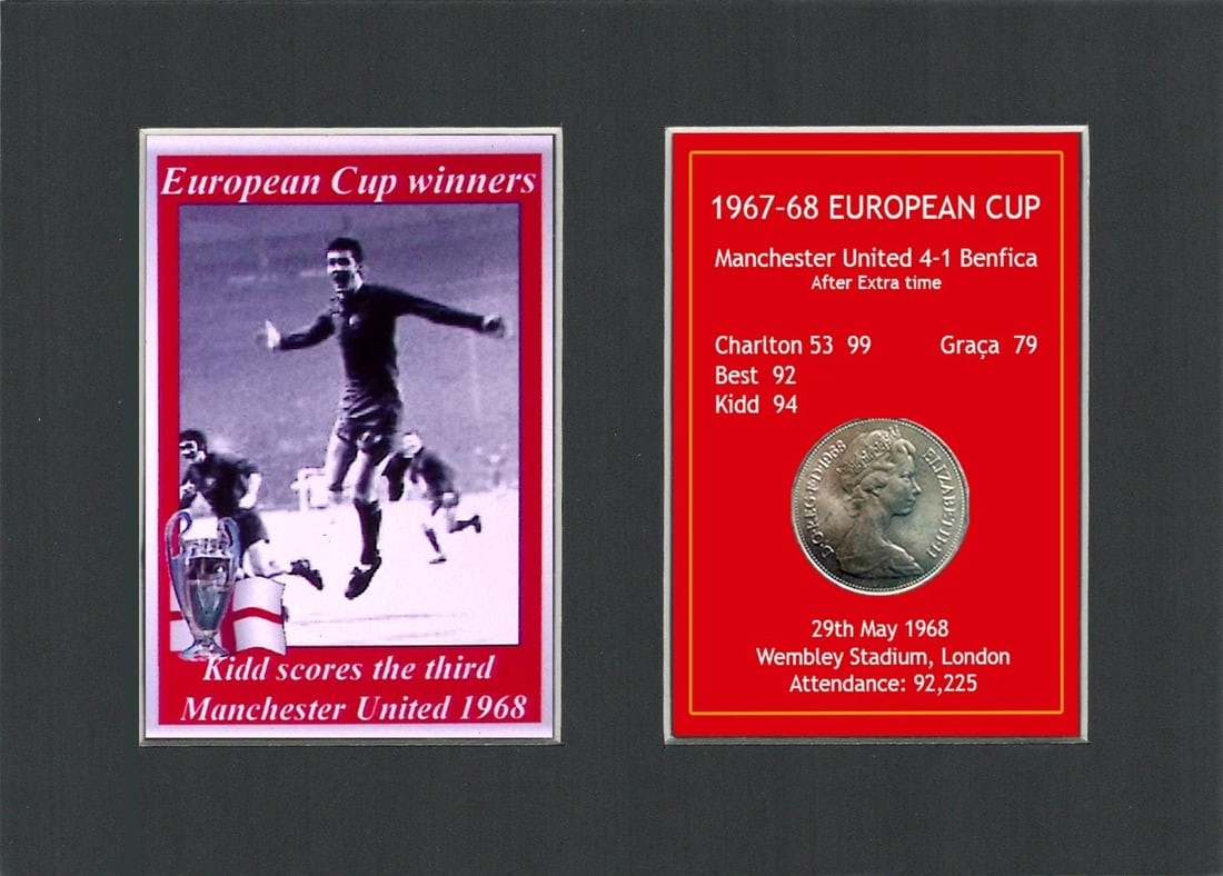 Kidd Scores The Third Manchester United 1968 European Cup Mounted Coin Metal Art: Title: Kidd Scores The Third Manchester United 1968 European Cup Mounted Coin Metal Art Description: Consists of a Genuine 1968 Ten Pence Piece. The Year Man United Became the First English Clu