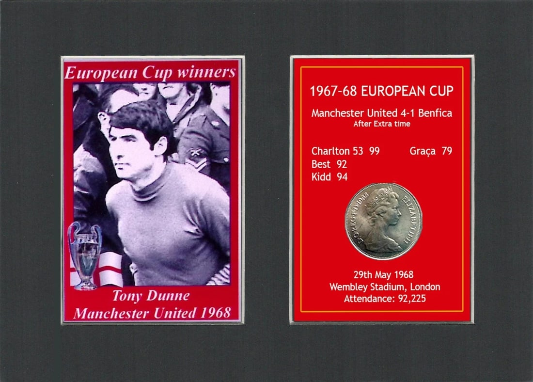 Tony Dunne Manchester United 1968 European Cup Mounted Coin Metal Art: Title: Tony Dunne Manchester United 1968 European Cup Mounted Coin Metal Art Description: Consists of a Genuine 1968 Ten Pence Piece. The Year Man United Became the First English Club to Win th