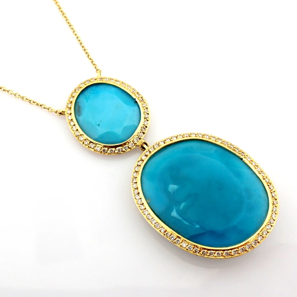 Natural Diamond 18K Yellow Gold Necklace: Title: Natural Diamond 18K Yellow Gold Necklace Description: 18K yellow gold necklace detailed with turquoise and brilliant diamonds -------------------------------------------------- •