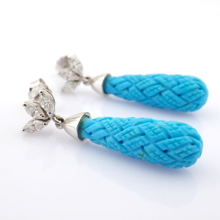 Natural Diamond 18K White Gold Earring: Title: Natural Diamond 18K White Gold Earring Description: An exquisite earrings detailed with carved turquoise, brilliant diamonds and gold -------------------------------------------------- •
