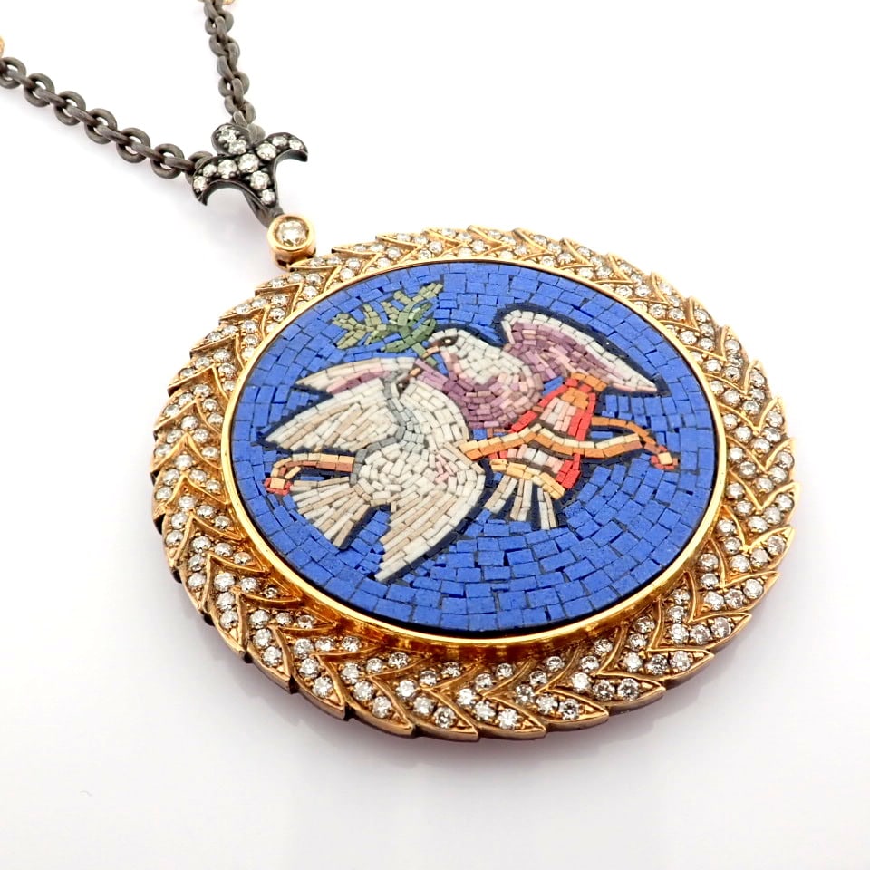 Natural Diamond 18K Rose/Pink Gold Necklace: Title: Natural Diamond 18K Rose/Pink Gold Necklace Description: An exquisite necklace detailed with micro-mosaic , brilliant diamonds and gold on silver - Hand Made Necklace - One Of Kind