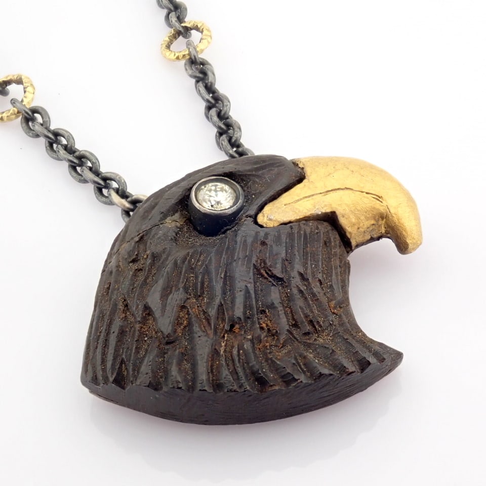 Natural Diamond 18K Yellow Gold Necklace: Title: Natural Diamond 18K Yellow Gold Necklace Description: Ebony-carved eagle head necklace , detailed with brilliant diamonds and 18K gold on silver - Hand Made Necklace ------------------