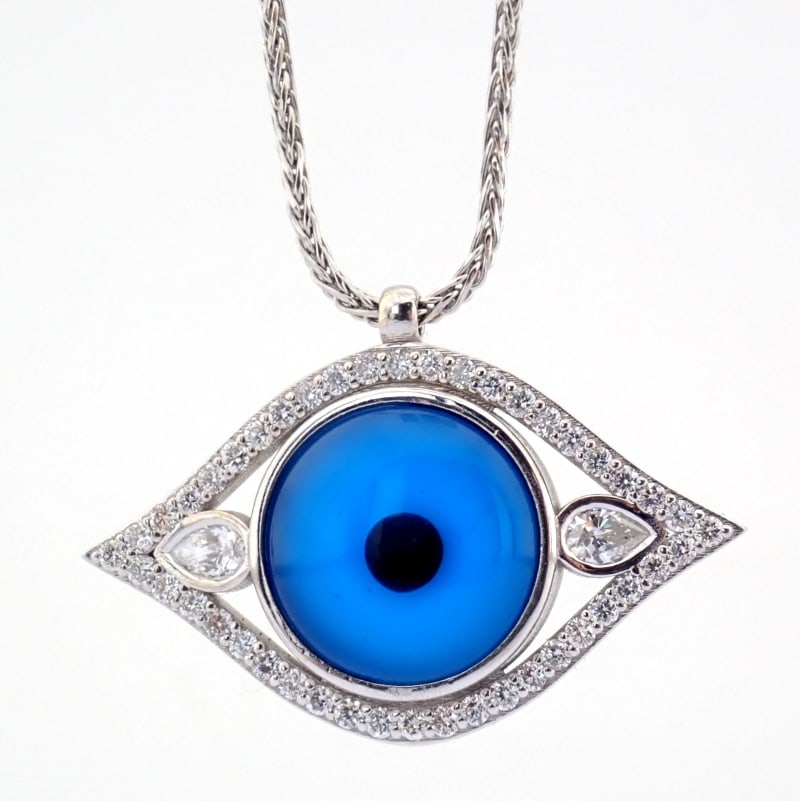 Natural Diamond 14K White Gold Necklace: Title: Natural Diamond 14K White Gold Necklace Description: An evil eye necklace detailed with brilliant diamonds -------------------------------------------------- • METALS AND WEIGHT