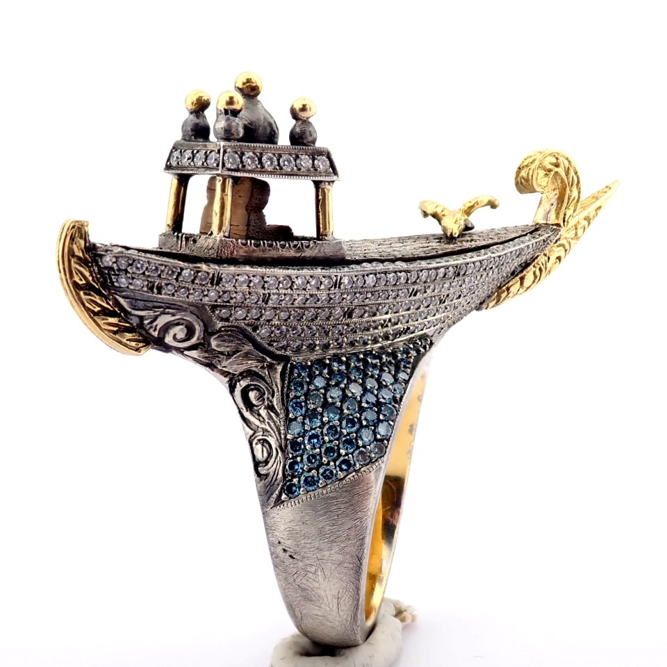Natural Diamond 18K Yellow Gold Ring: Title: Natural Diamond 18K Yellow Gold Ring Description: An exquisite hand-made galleon ring intricately detailed with brilliant diamonds and gold on silver. - Hand Made Ring - One Of Kind