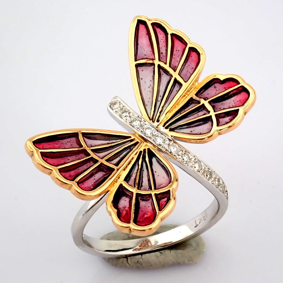 Natural Diamond 18K Rose & White Gold Ring: Title: Natural Diamond 18K Rose & White Gold Ring Description: An exquisite transparent enamel butterfly ring detailed with brilliant diamonds and 18k gold ---------------------------------
