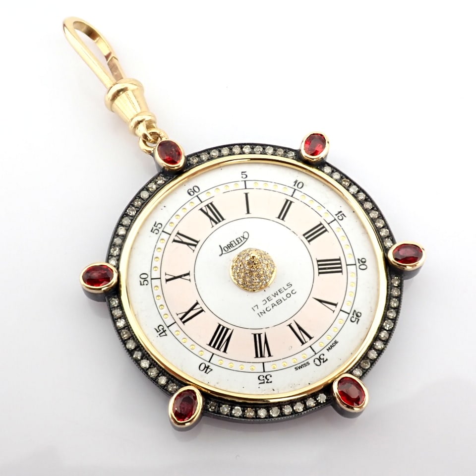Natural Diamond 14K Yellow Gold Pendant: Title: Natural Diamond 14K Yellow Gold Pendant Description: An exquisite pendant made of gold and silver, featuring an antique watch dial adorned with precious colourful stones and diamonds - Ha