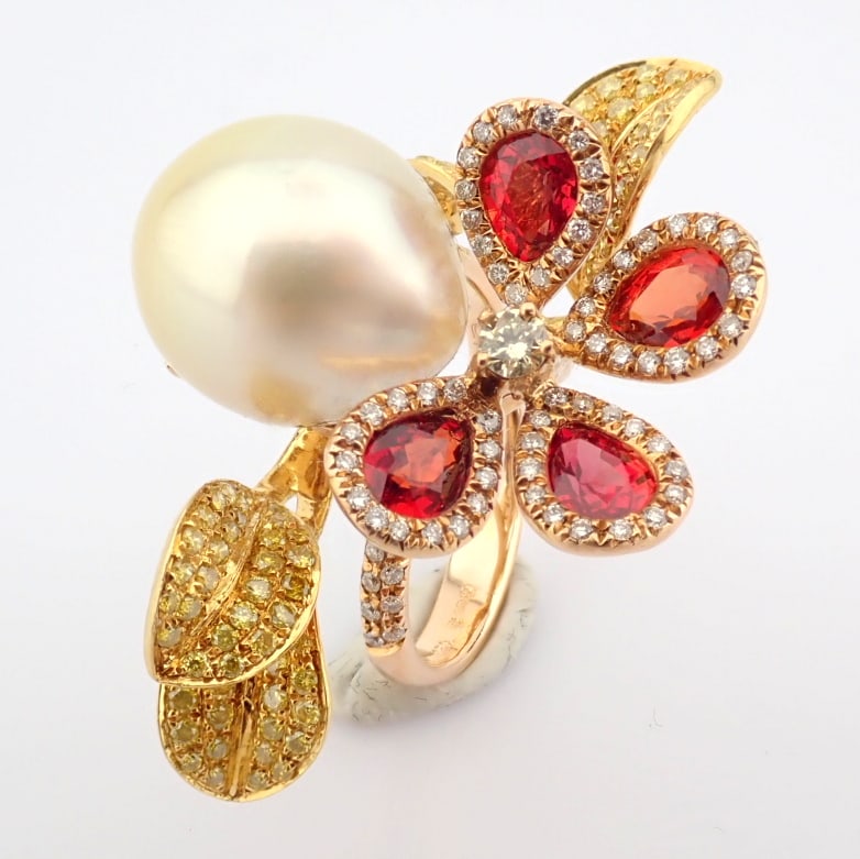 Natural Diamond 18K Rose/Pink Gold Ring: Title: Natural Diamond 18K Rose/Pink Gold Ring Description: An exquisite 18k gold ring detailed with orange sapphire, pearl and brilliant diamonds --------------------------------------------------
