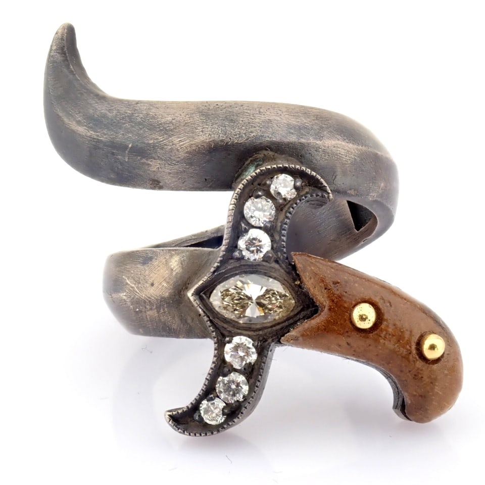 Natural Diamond 18K Yellow Gold Ring: Title: Natural Diamond 18K Yellow Gold Ring Description: An exquisite sword ring detailed with ebony, brilliant diamonds and gold on silver. - Hand Made Ring - One Of Kind