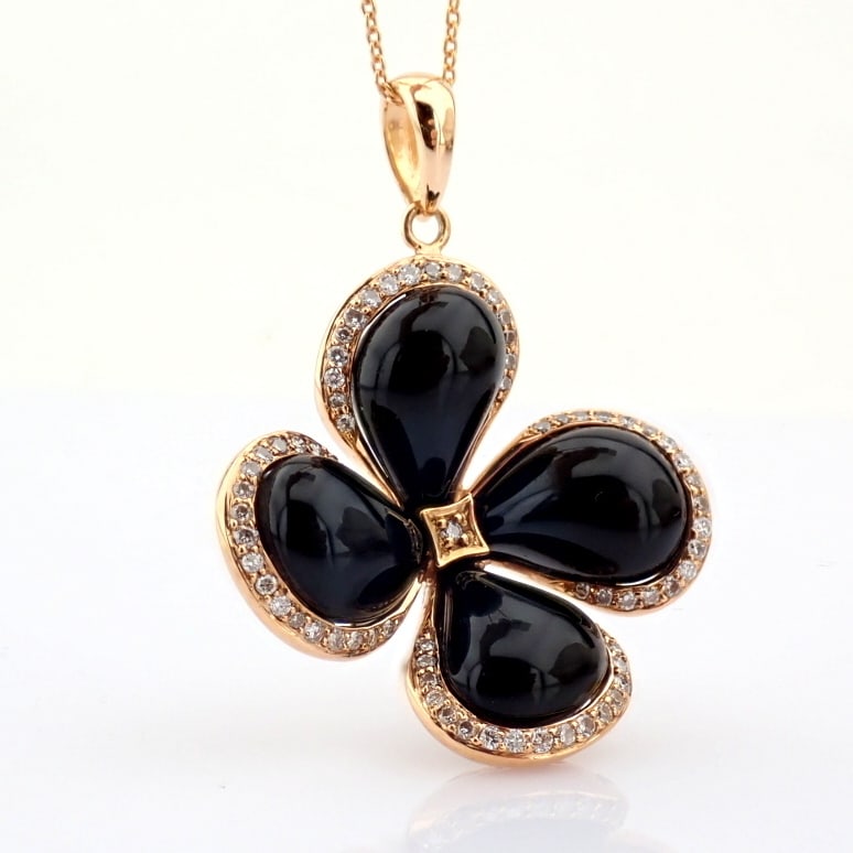 Natural Diamond 18K Rose/Pink Gold Necklace: Title: Natural Diamond 18K Rose/Pink Gold Necklace Description: An exquisite necklace detailed with onyx, brilliant diamonds and gold. -------------------------------------------------- •