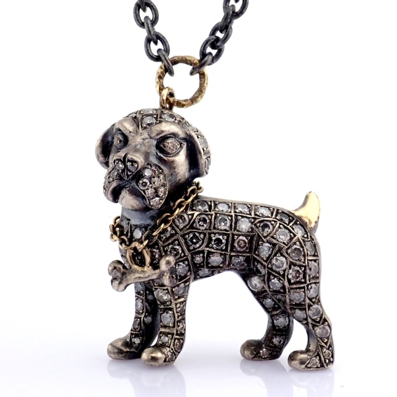 Natural Diamond 18K Yellow Gold Necklace: Title: Natural Diamond 18K Yellow Gold Necklace Description: Our loyal pawed friends! Necklace detailed with brilliant diamonds and gold on silver - Hand Made Necklace - One Of Kind