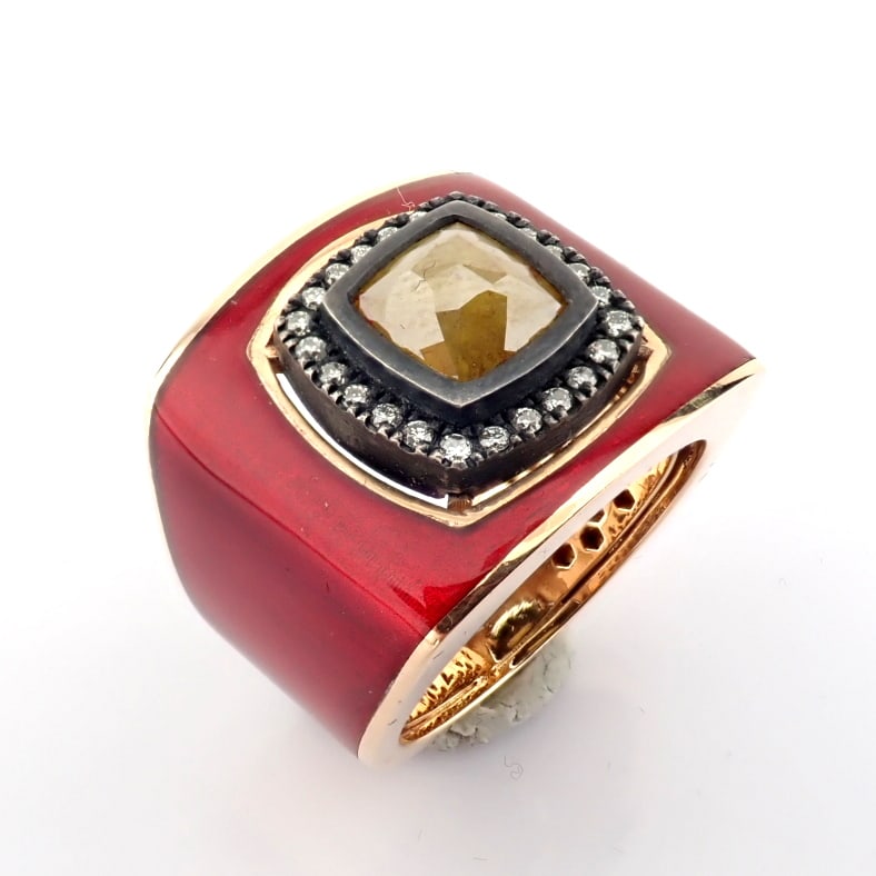 Natural Diamond 14K Rose/Pink Gold Ring: Title: Natural Diamond 14K Rose/Pink Gold Ring Description: A luxurious gold ring featuring red laser enamel, elegantly adorned with brilliant diamonds. - Hand Made Ring - One Of Kind