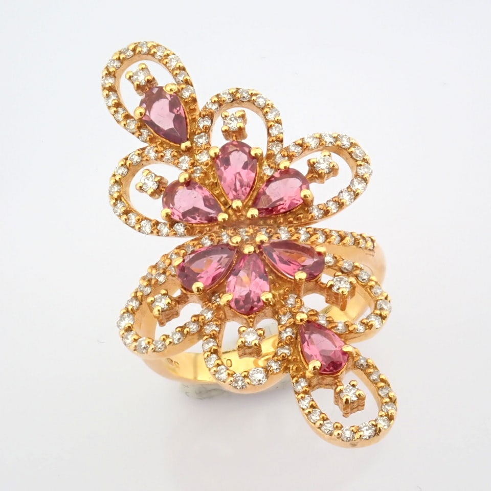 Natural Diamond 18K Rose/Pink Gold Ring: Title: Natural Diamond 18K Rose/Pink Gold Ring Description: 18K rose gold ring detailed with pink tourmaline and brilliant diamonds -------------------------------------------------- • METALS