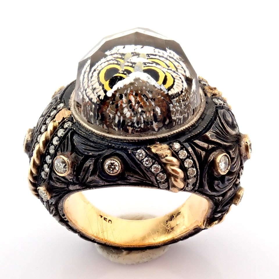 Natural Diamond 18K Rose/Pink Gold Ring: Title: Natural Diamond 18K Rose/Pink Gold Ring Description: An exquisite hand-made gold & silver ring. Detailed with topaz with reversely engraved intaglio owl and brilliant diamonds - Hand Made