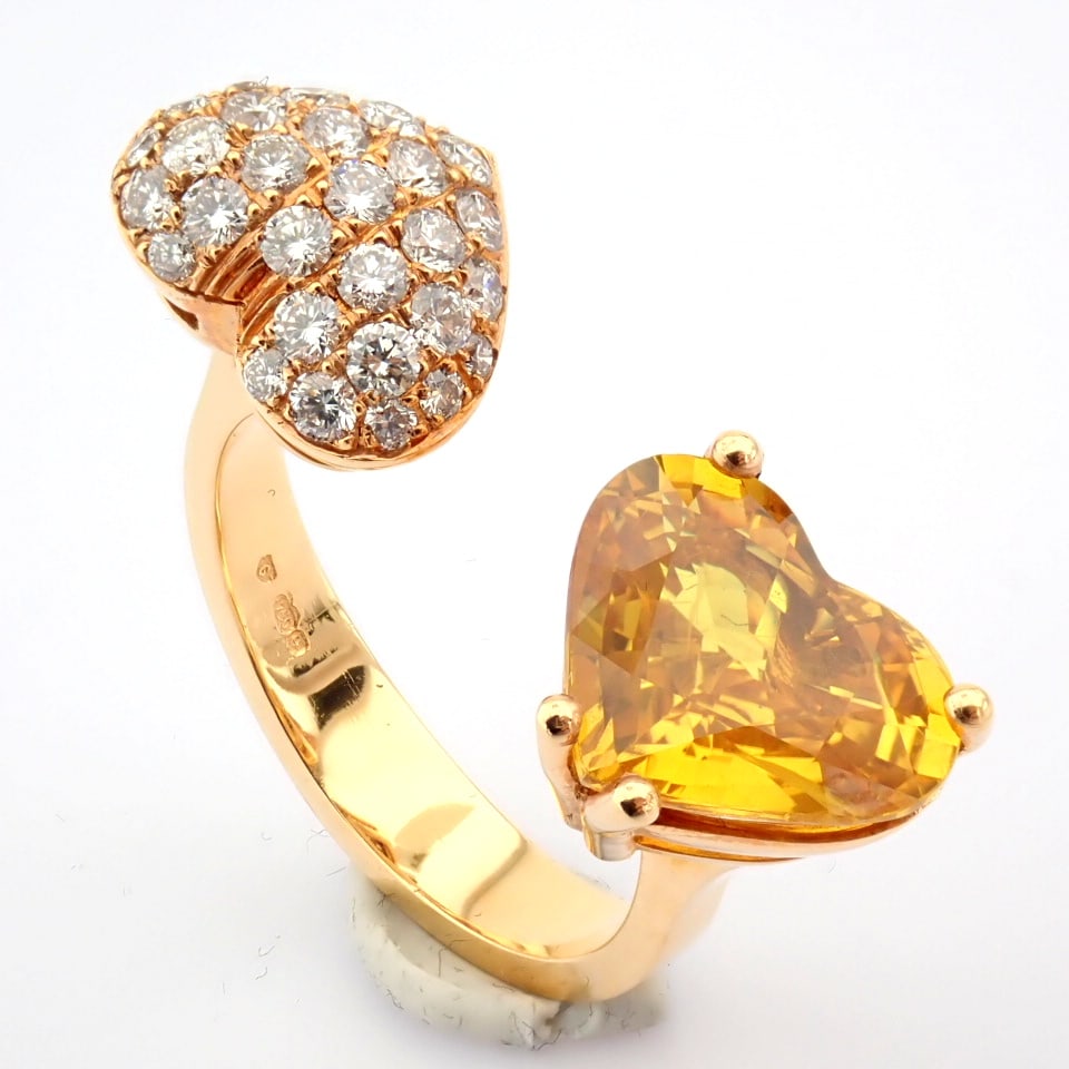 Natural Diamond 18K Rose/Pink Gold Ring: Title: Natural Diamond 18K Rose/Pink Gold Ring Description: An exquisite heart ring detailed with vibrant yellow heart cut sapphire and brilliant diamonds
