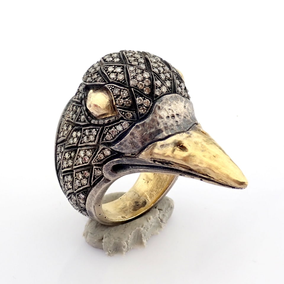 Natural Diamond 18K Yellow Gold Ring: Title: Natural Diamond 18K Yellow Gold Ring Description: 18K bird ring detailed with brilliant diamonds on silver - Hand Made Ring - One Of Kind --------------------------------------------------