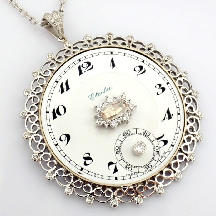 Natural Diamond 14K White Gold Necklace: Title: Natural Diamond 14K White Gold Necklace Description: An exquisite necklace made of gold and silver, featuring an antique watch dial adorned with diamonds - Hand Made Necklace - One Of Kind