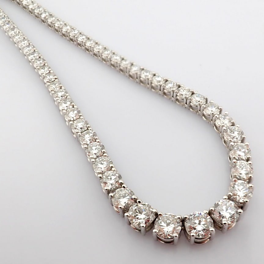 Round Cut Lab-Grown Diamond Tennis Necklace - 16.9 Total Carat (MDI Certified): Title: Round Cut Lab-Grown Diamond Tennis Necklace - 16.9 Total Carat (MDI Certified) Description: -------------------------------------------------- METALS AND WEIGHTS : -14K White Go