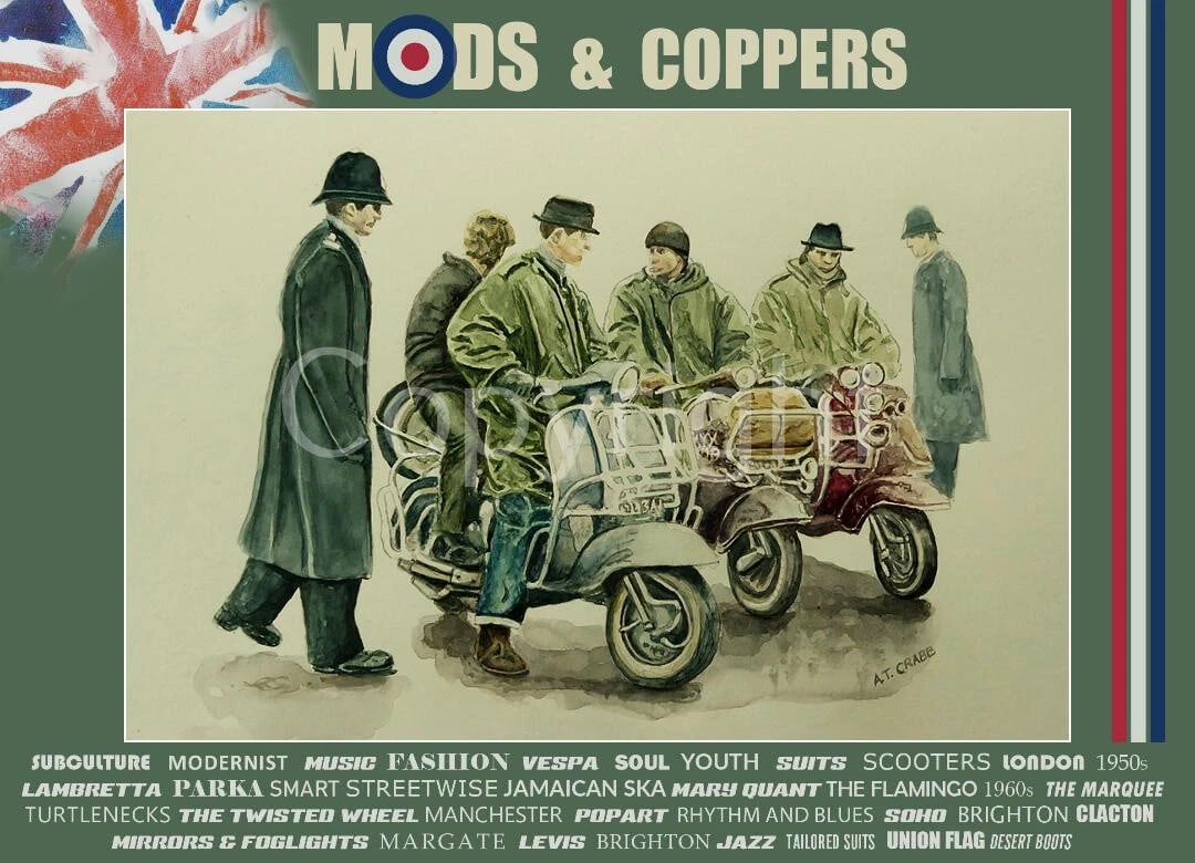 Mods And Coppers Nostalgic 1960's Scene Large Metal Wall Art: Title: Mods And Coppers Nostalgic 1960's Scene Large Metal Wall Art Description: ★ Approx Size 12” x 8” (Inches) 300 x 200 (mm). ★ Our Metal Art Design Comes with Rounde