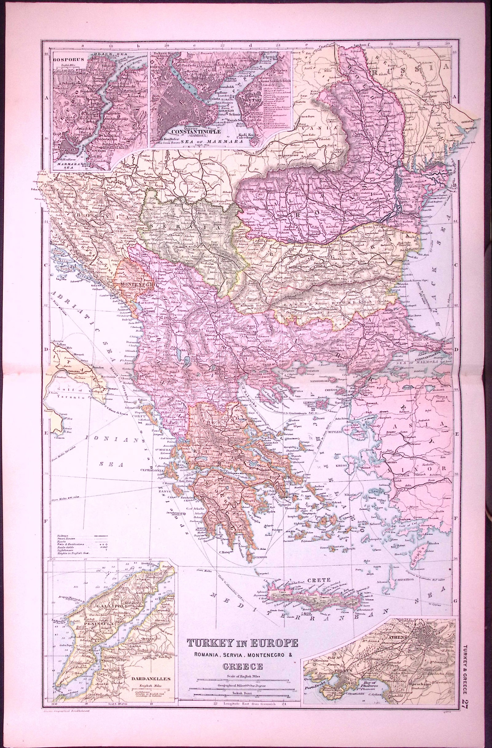 Turkey & Greece 120-Year-Old Large Antique Map by G.W. Bacon-27: Title: Turkey & Greece 120-Year-Old Large Antique Map by G.W. Bacon-27 Description: This Antique Map Has Been Removed from an Edition of. Bacons Popular Atlas of The World. Published In