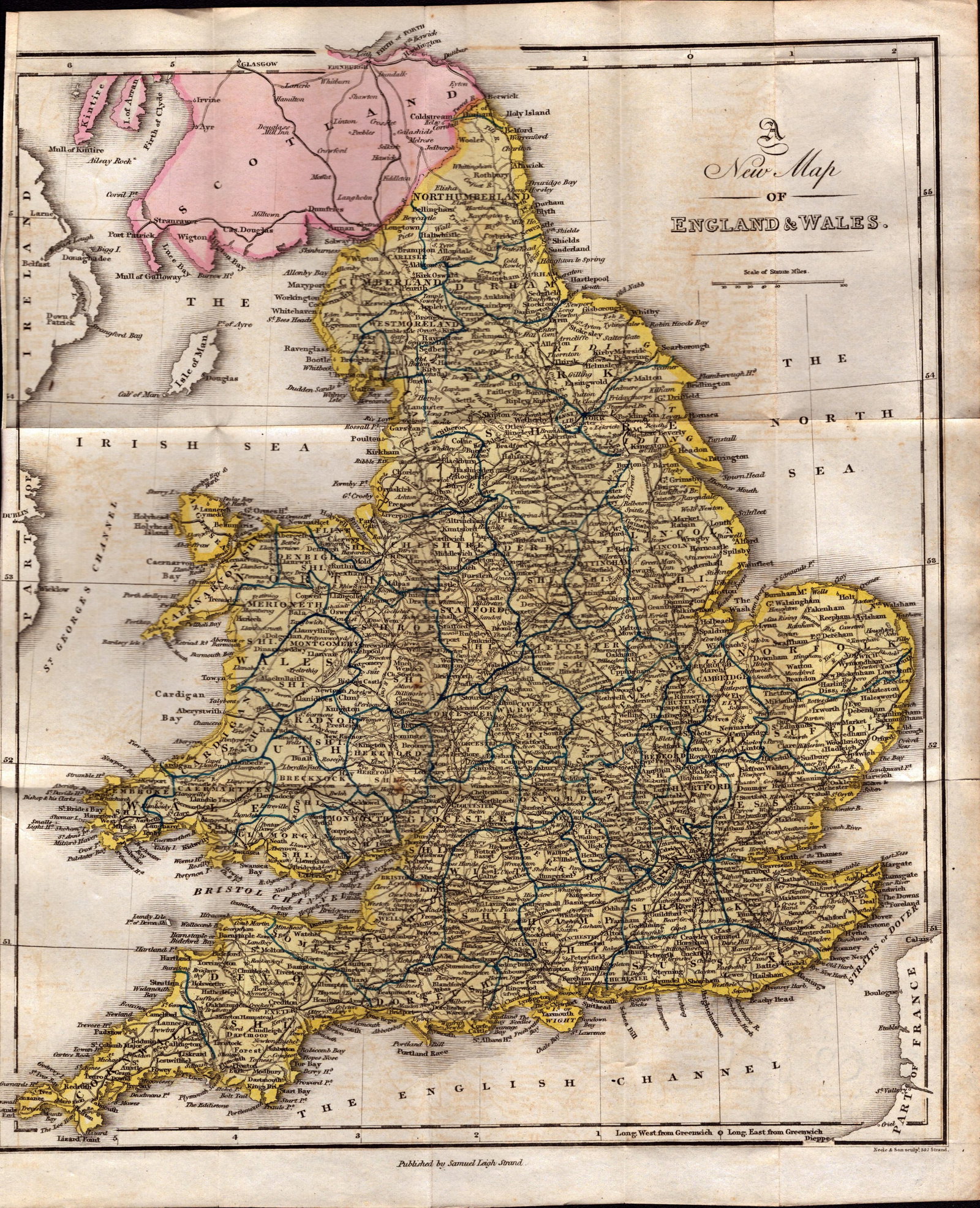 England & Wales Antique Large Coloured Detailed 190 Year-Old Copper Engraved Map. (1 of 2)