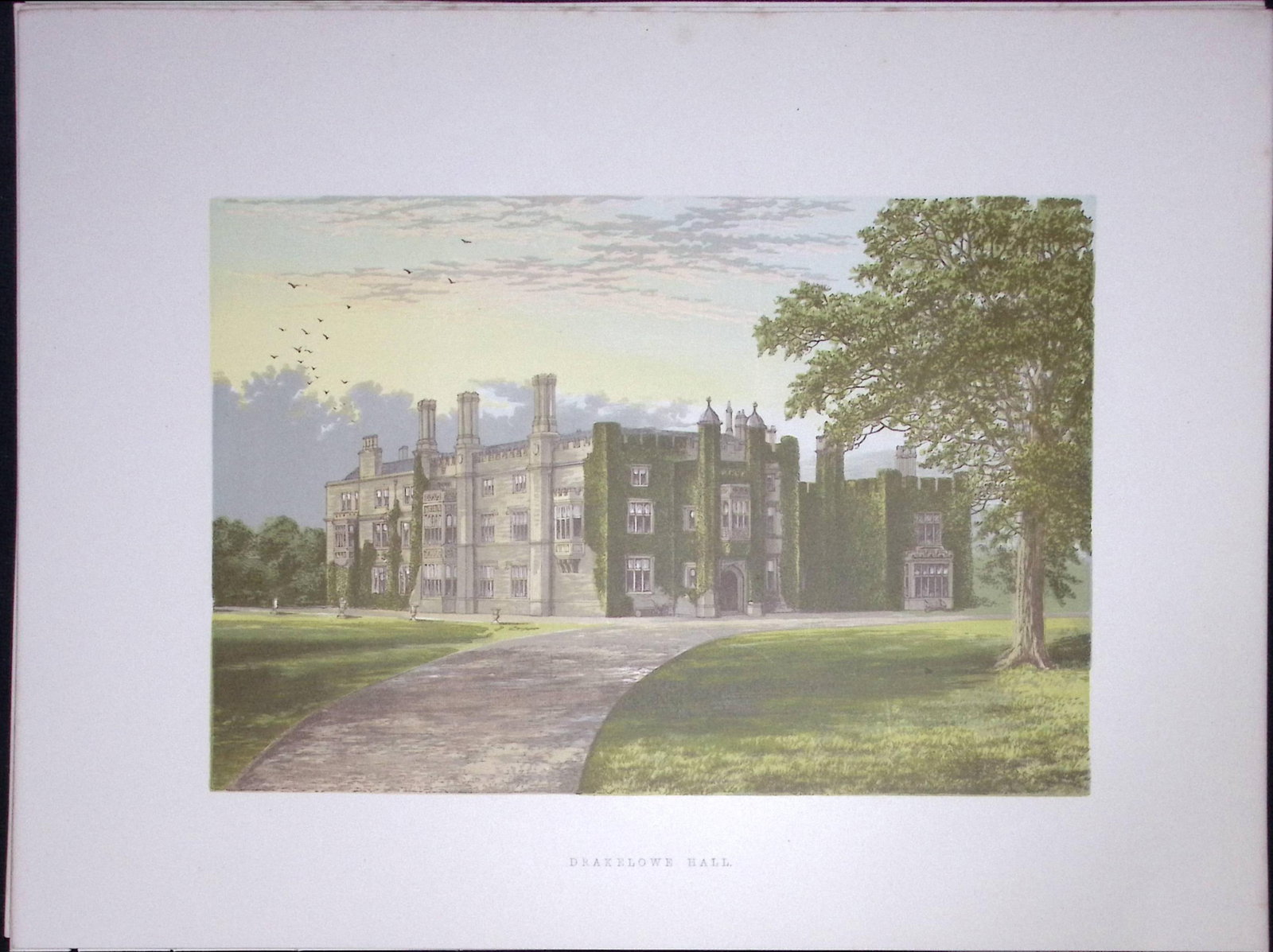 Drakelowe Hall Derbyshire 160 Years-Old Gilt-Edge Antique Book Plate-31: Title: Drakelowe Hall Derbyshire 160 Years-Old Gilt-Edge Antique Book Plate-31 Description: This Stunning Gilt-Edged Colour Plate illustrated by Alexander Francis Lydon and Coloured By. Benjami