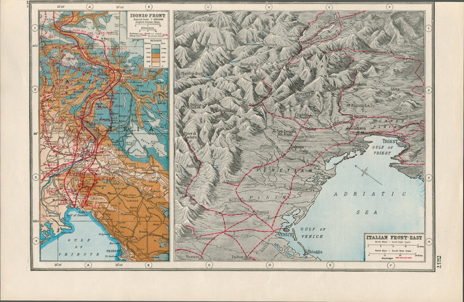 WW1 The Italian & Isonzo Front Battle Line Coloured 1922 Antique Map-537 (1 of 3)