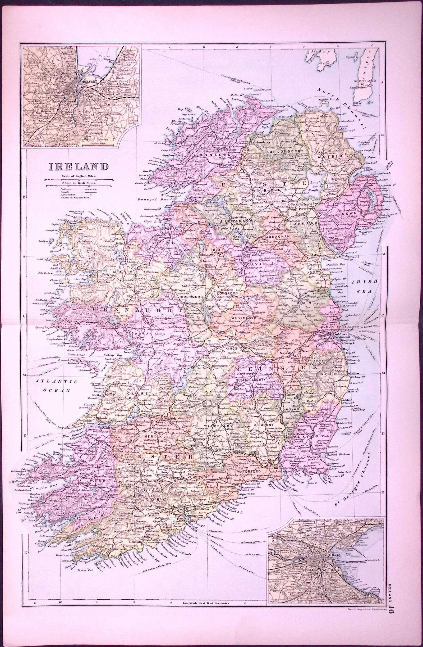 Ireland & Dublin 120-Year-Old Large Coloured Antique Map by G.W. Bacon-16 (1 of 2)